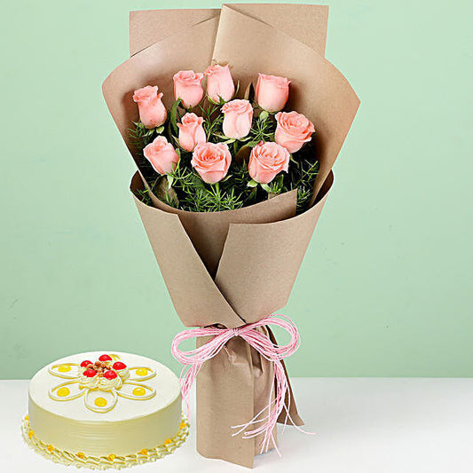 10 Pink Roses W Butterscotch Cake