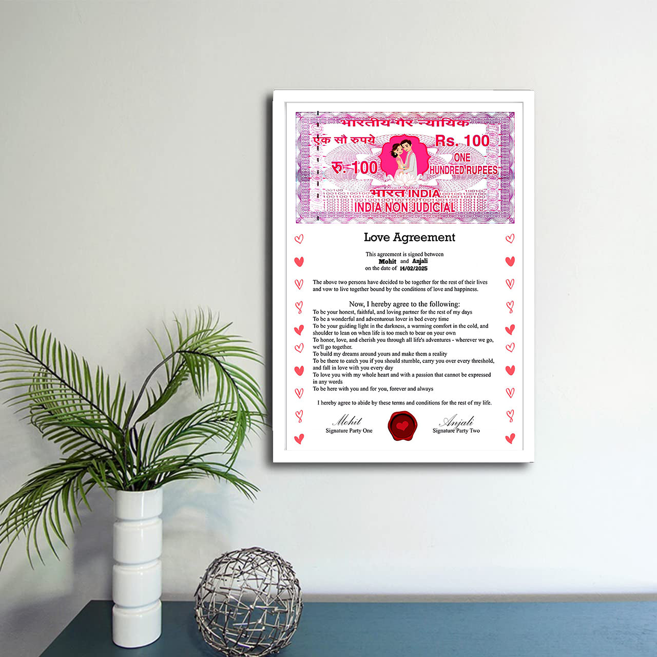 Personalised Stamp Paper Love Aggrement Frame