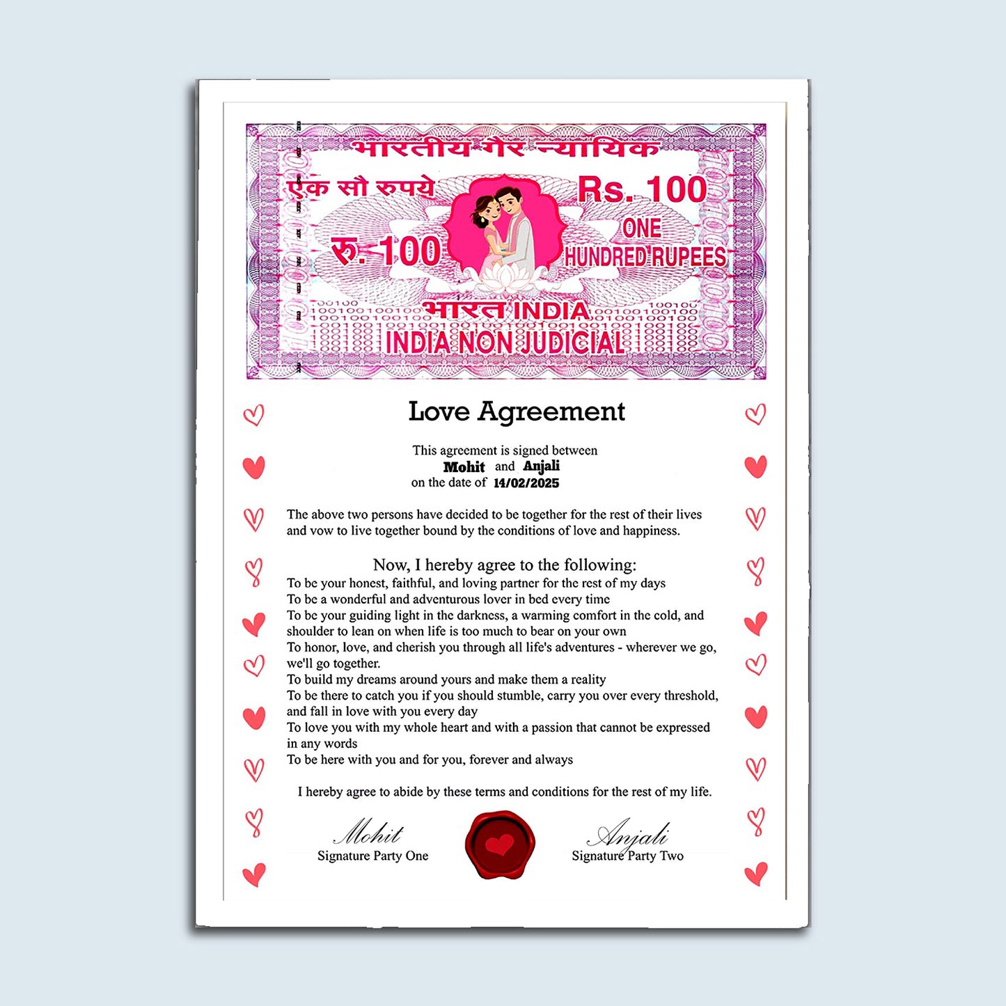 Personalised Stamp Paper Love Aggrement Frame