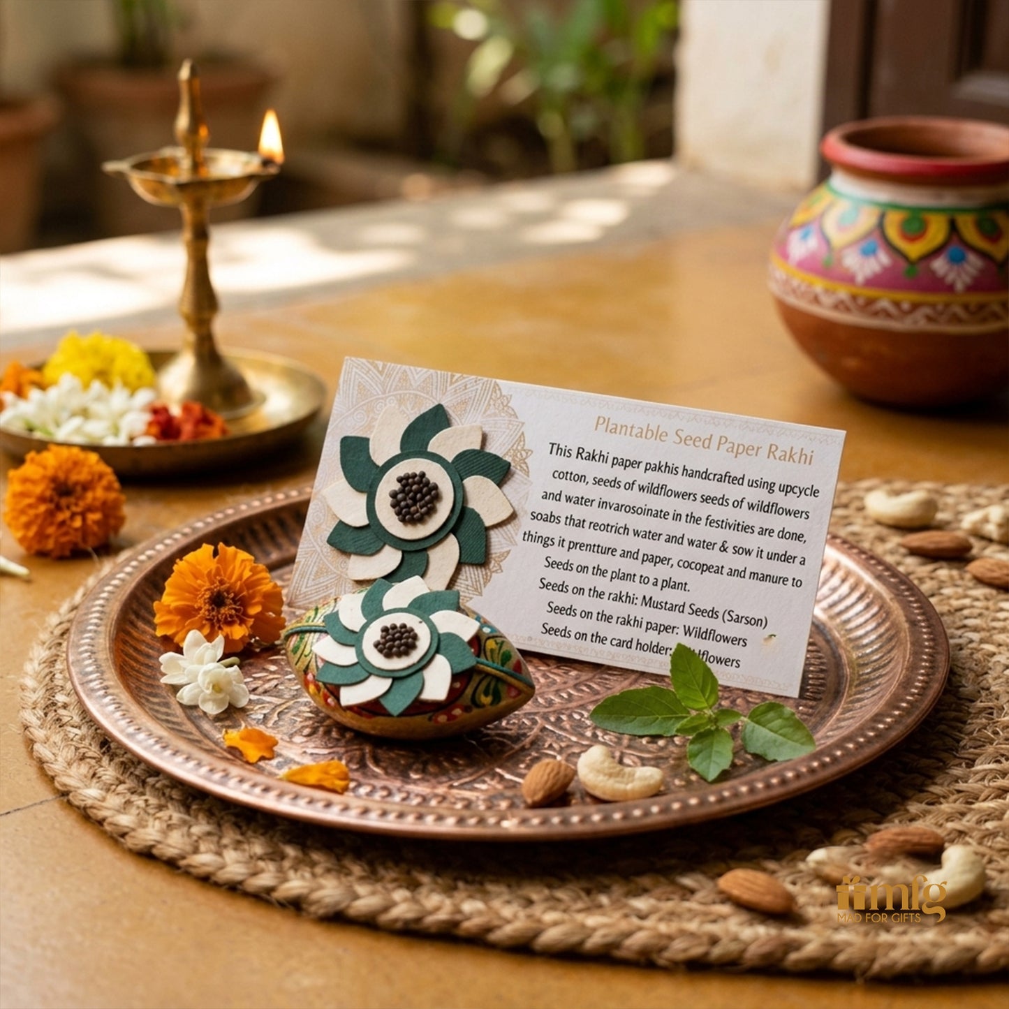 Eco Lotus Green & Cream Handmade Plantable Rakhi