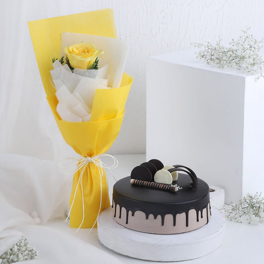 Bright Yellow Rose Bouquet N Chocolate Cake