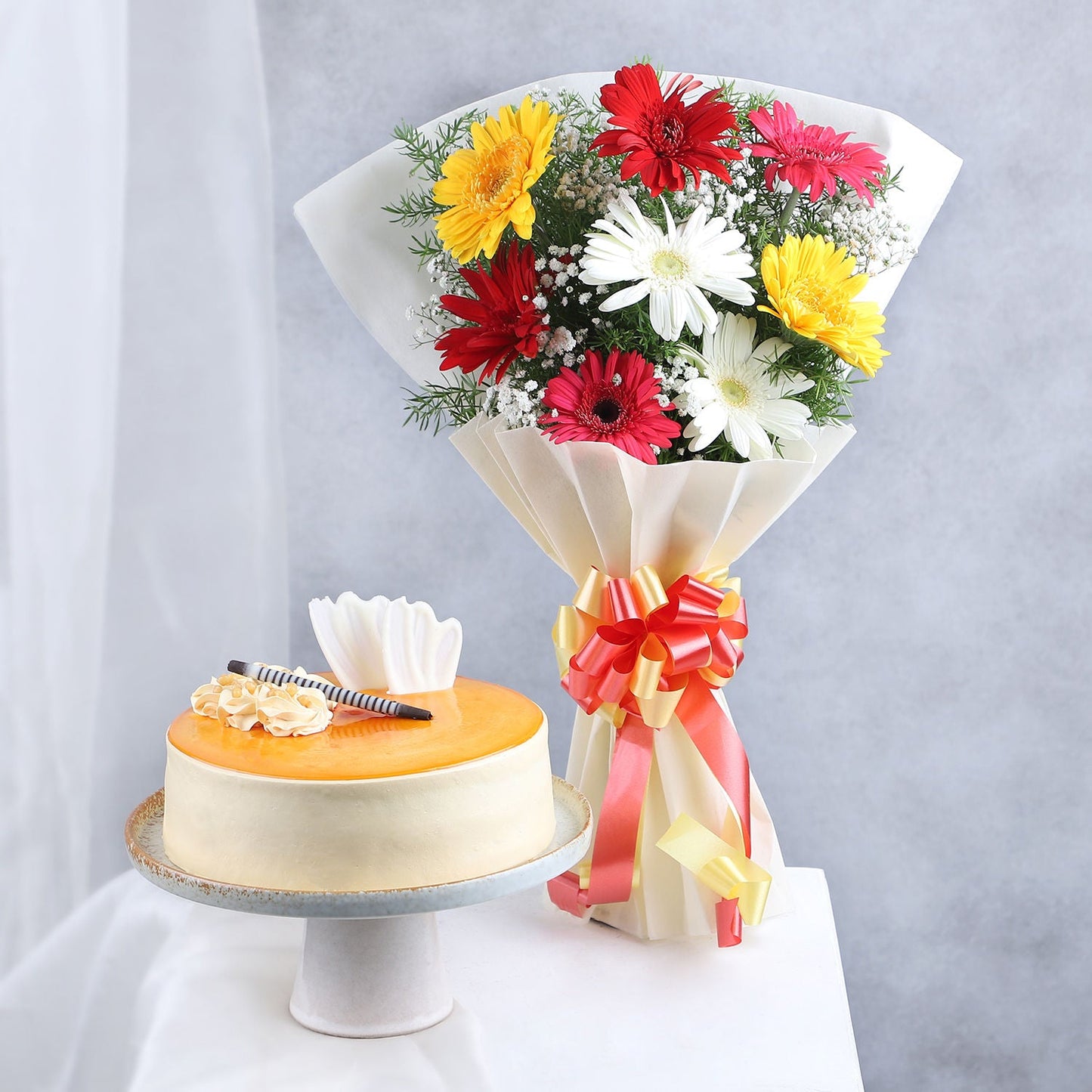 Colourful Gerberas N Butterscotch Cake Combo