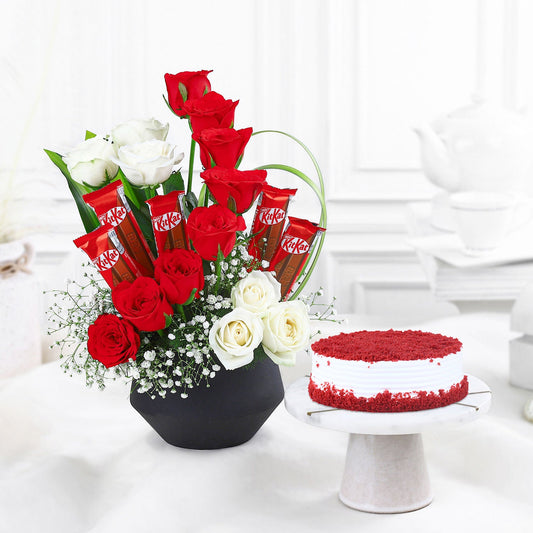 Loves Elegance Red Velvet Delight Cake N Red Roses Ensemble