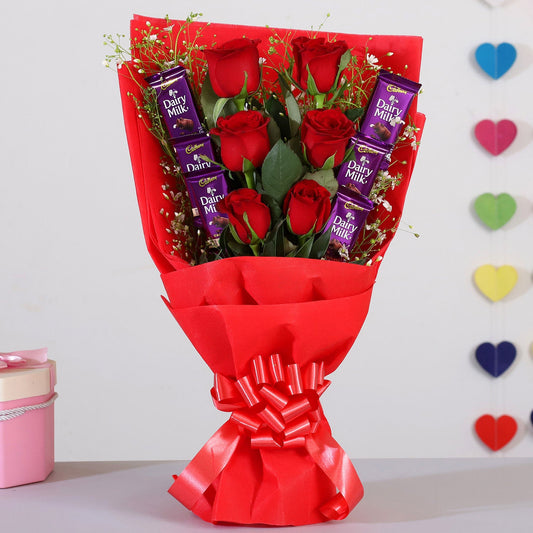 Passionate Red Roses Bouquet with Dairy Milk Chocolates