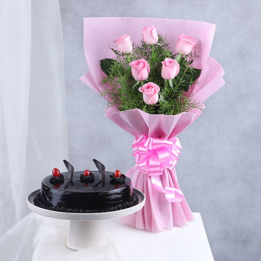 Pretty In Pink Bouquet N Truffle Cake Combo