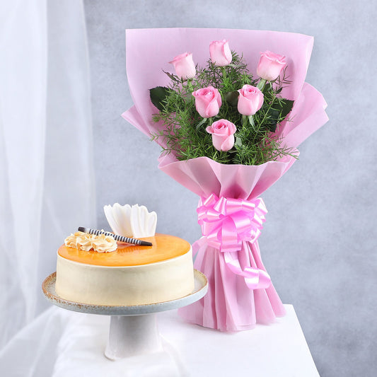 Pretty In Pink Rose Bouquet N Cake Combo