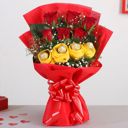 Romantic Red Roses Bouquet with Ferrero Rocher Chocolates