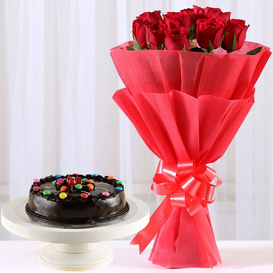 Vivid Red Roses Bouquet Truffle Cake