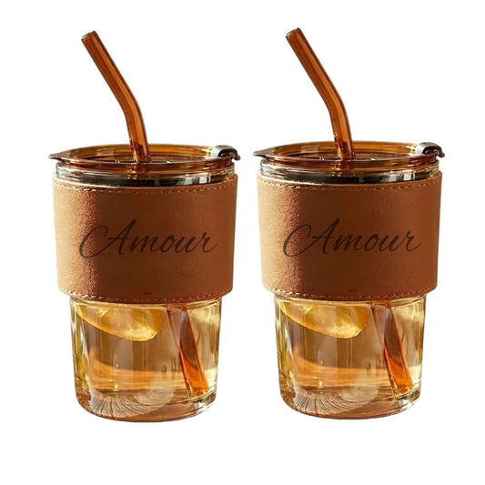 Amour Printed Pack Of 2 Glass Reusable Sipper Mug