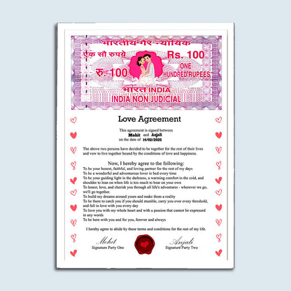 Personalised Stamp Paper Love Aggrement Frame