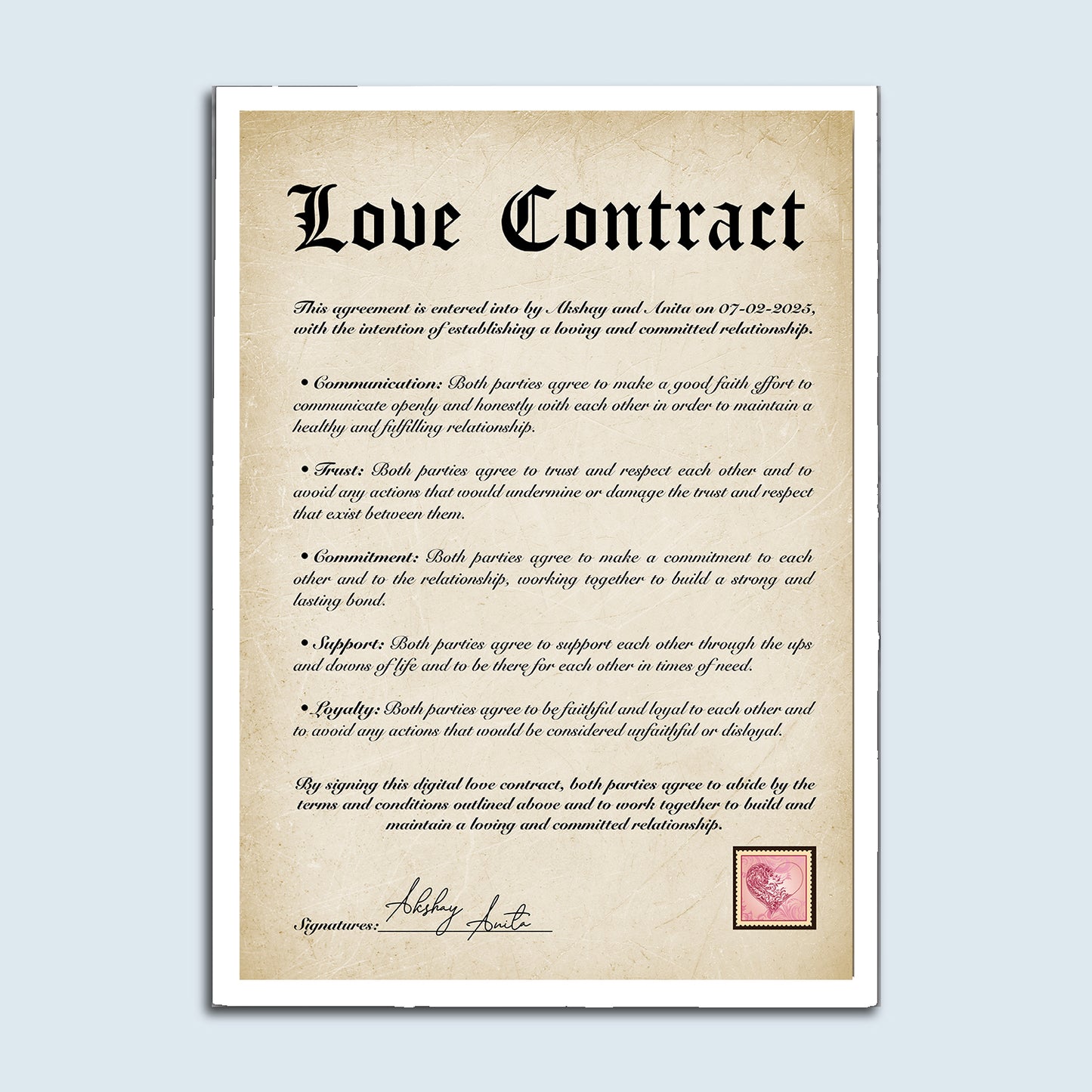 Personalised Love Contract Frame