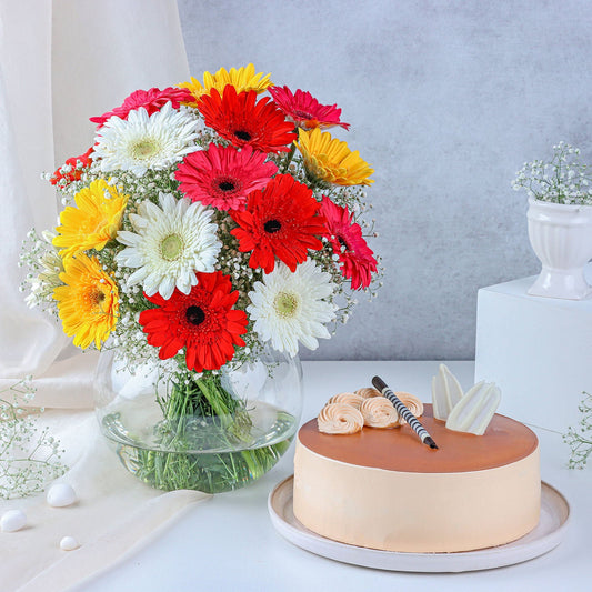 Spring Colours Vase With Luscious Cake
