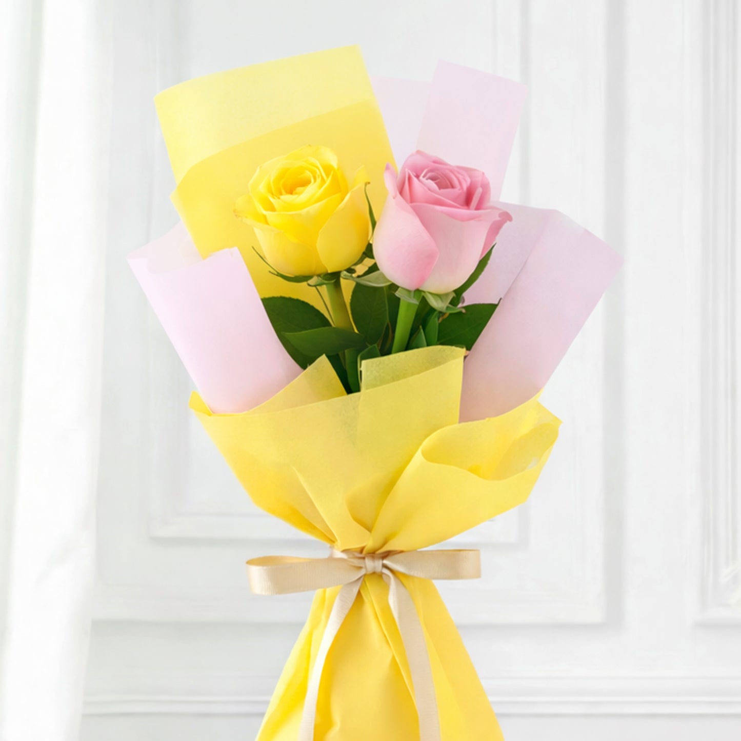 Elegant Bouquet Of Yellow & Pink Roses